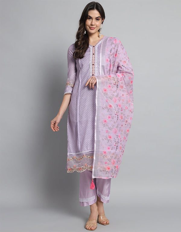 Designer Party Wear Readymade Salwar Suit Lavender Linen Cotton Pant Straight Front View